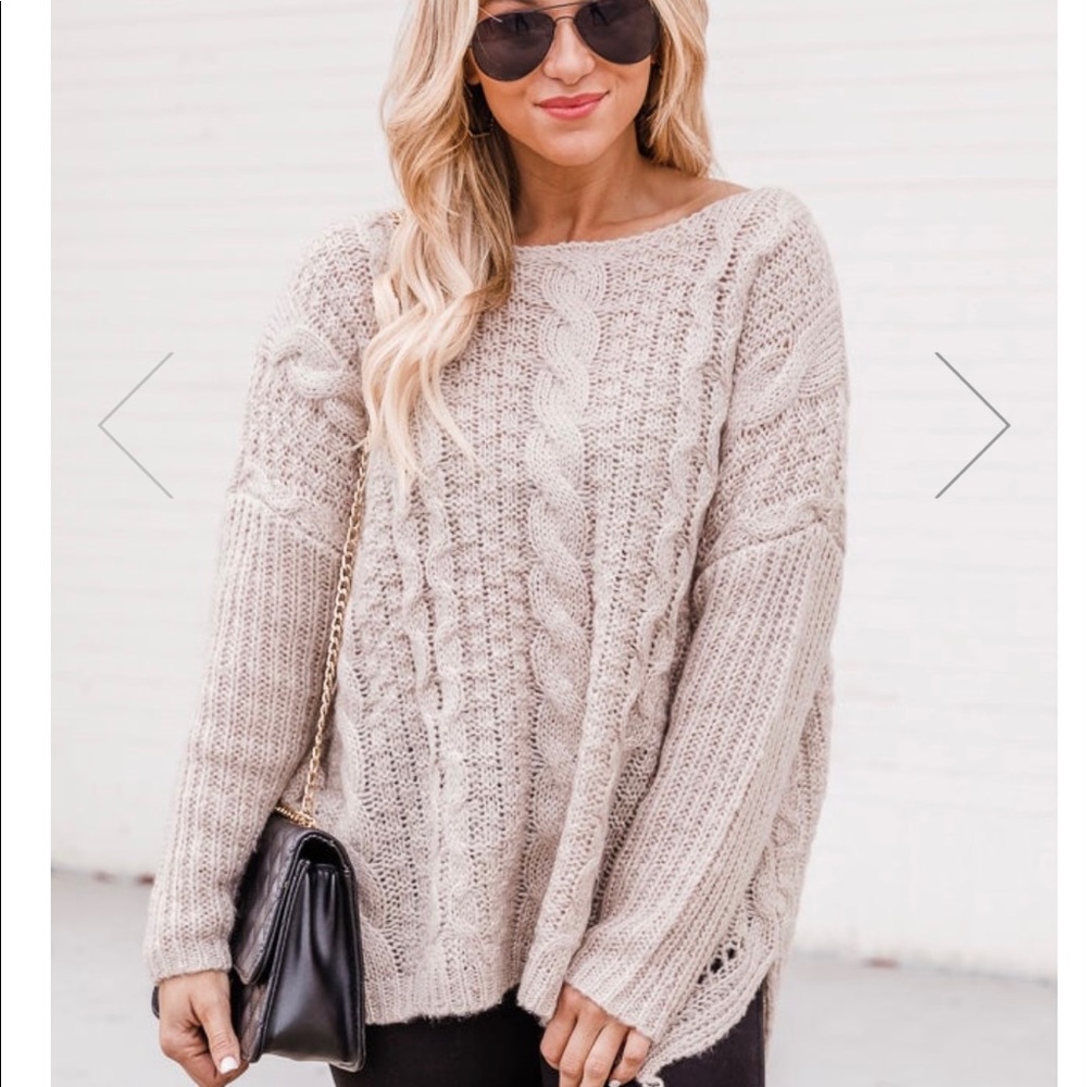 Taupe Cable Knit Sweater - Picture 2 of 7